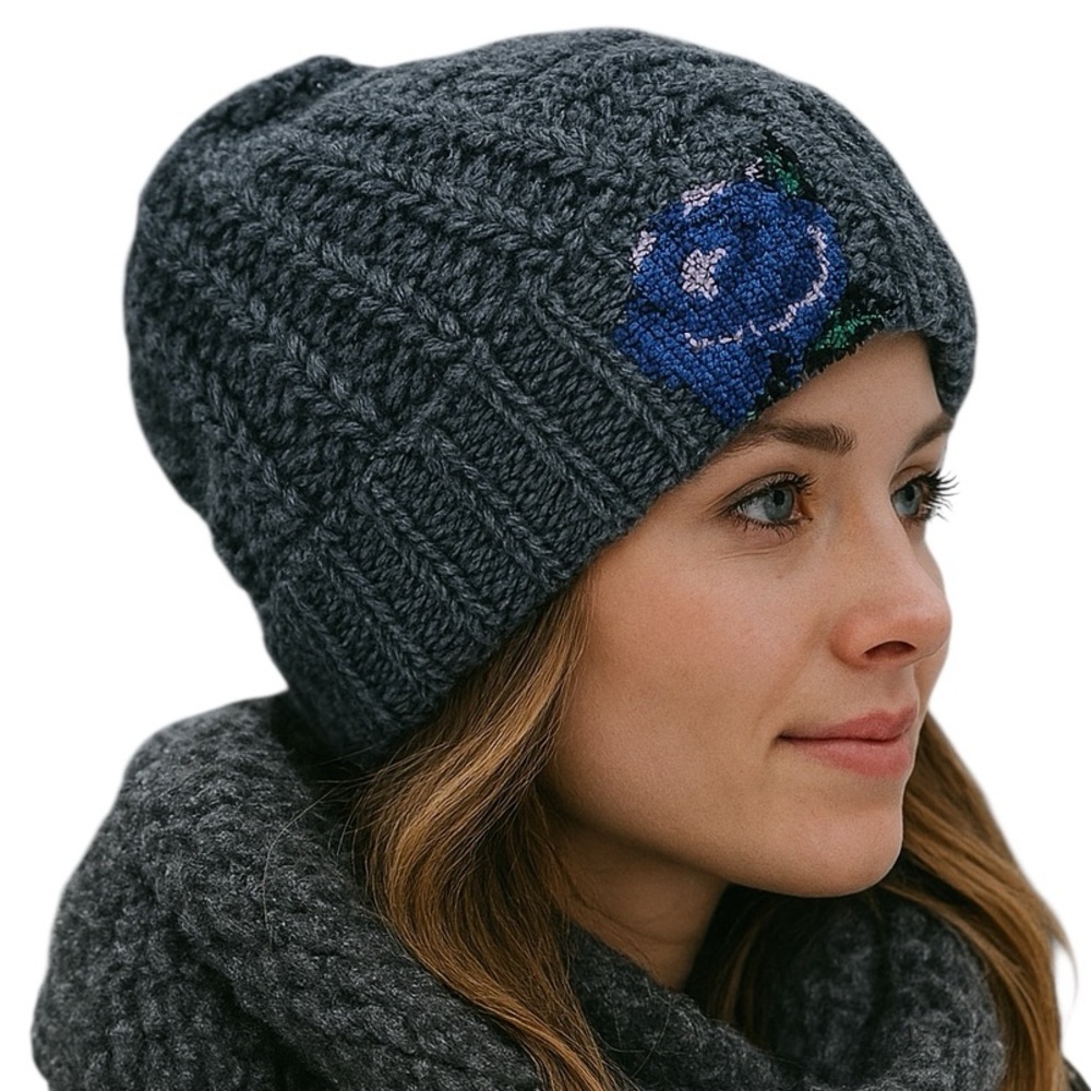 Free People Everything Rosy Floral Appliqué Ribbed Knit Beanie Brand New!